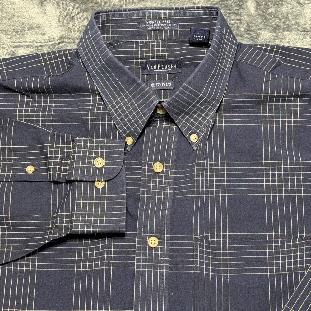 Van Heusen Button Down Shirt Mens XL Navy Blue Grid Pattern Long Sleeve